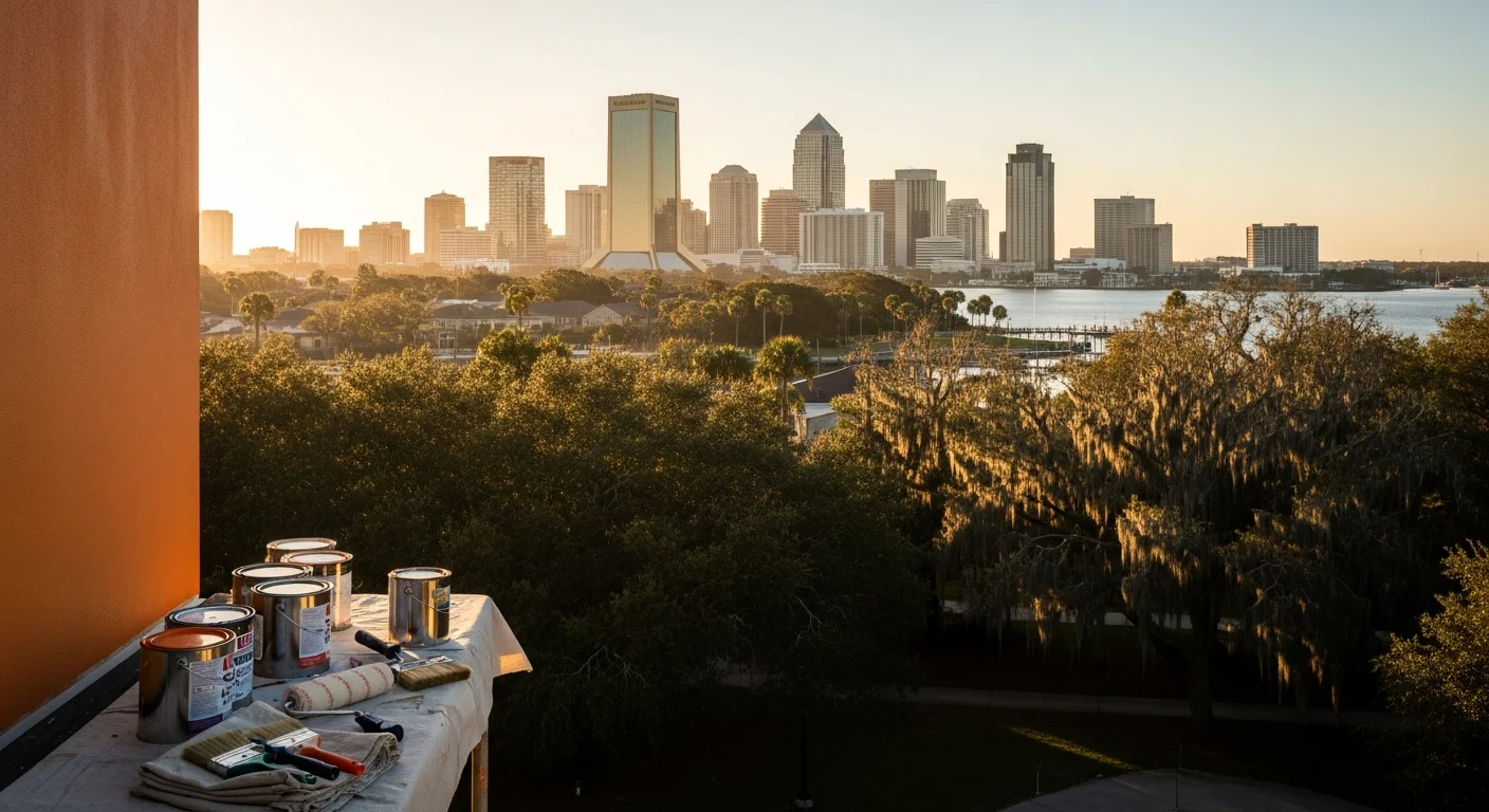 Wide view of Jacksonville's downtown skyline and riverfront with residential neighborhoods visible in the distance.