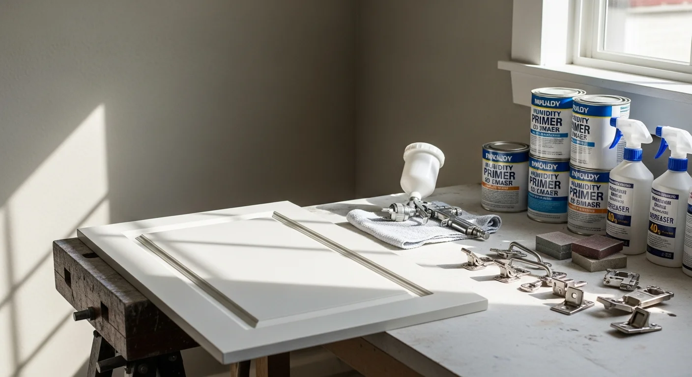 Freshly painted white kitchen cabinets in a Jacksonville, Florida home, showing a smooth spray-applied enamel finish on cabinet doors and drawer fronts. Close view reveals clean edges, no brush marks, and updated hardware against a bright kitchen interior.