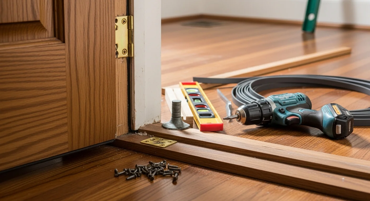 A repaired exterior entry door on a Jacksonville residential home, showing a properly aligned frame and new weatherstripping along the threshold. The door closes flush against the frame with no visible gaps.