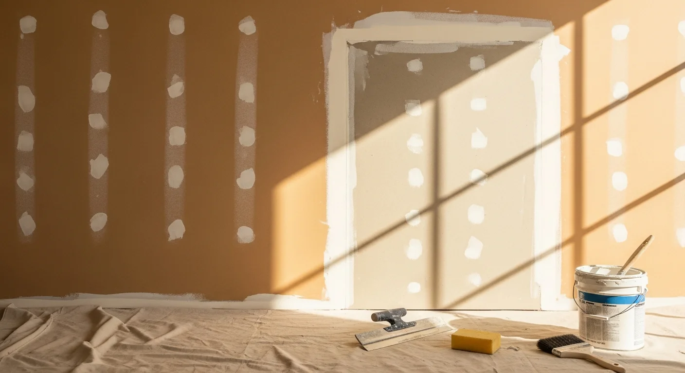 A freshly repaired and primed interior wall in a Jacksonville home, showing a smooth, texture-matched patch ready for paint. Close-up view of a knock-down finish repair blending seamlessly with the surrounding drywall surface.