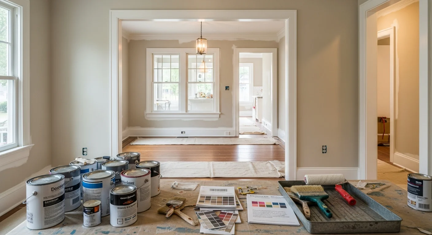 Freshly remodeled open-plan interior of a Jacksonville home showing consistent wall colors, updated trim, and cohesive finishes across the living and dining areas. Bright natural light highlights the painted surfaces and renovated design details throughout the Duval County residence.